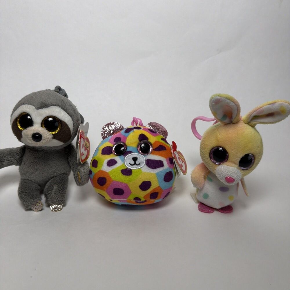 3 Ty Beanie Boos Clips, Leopard Sloth & Bunny